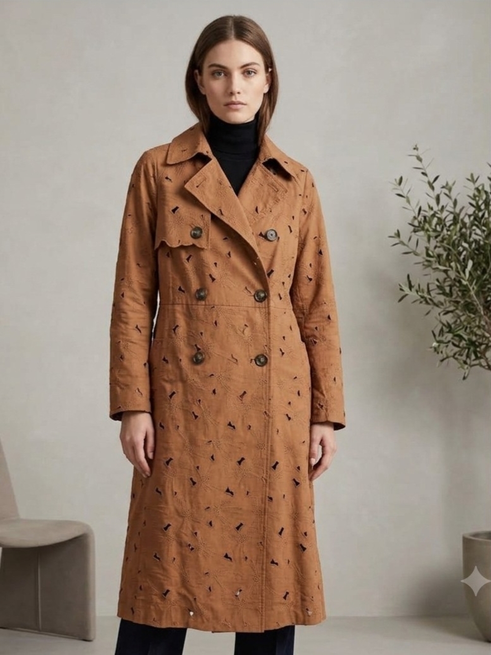 Express Cotton Embroderie Women's Long Double-Breasted Trench Coat - Brown